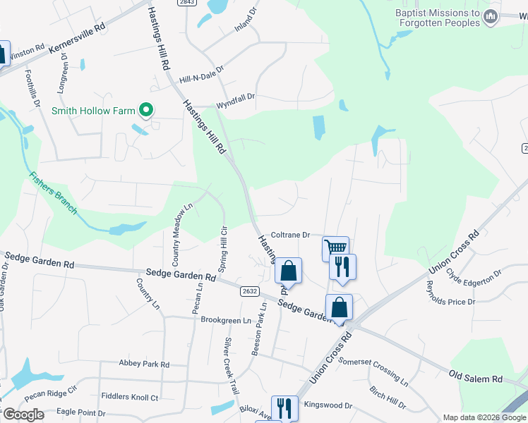 map of restaurants, bars, coffee shops, grocery stores, and more near 6101 Camberwell Lane in Kernersville