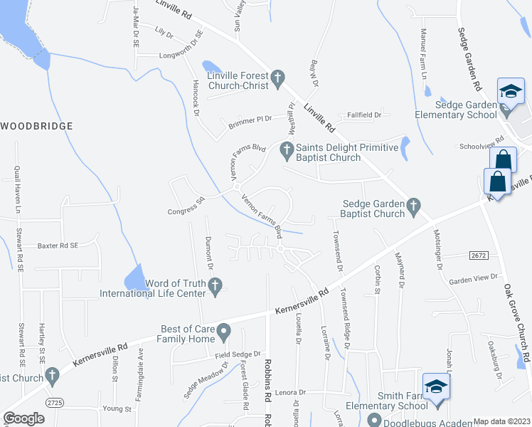 map of restaurants, bars, coffee shops, grocery stores, and more near 4460 Vernon Farms Boulevard in Kernersville