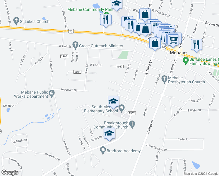 map of restaurants, bars, coffee shops, grocery stores, and more near 600 South 1st Street in Mebane