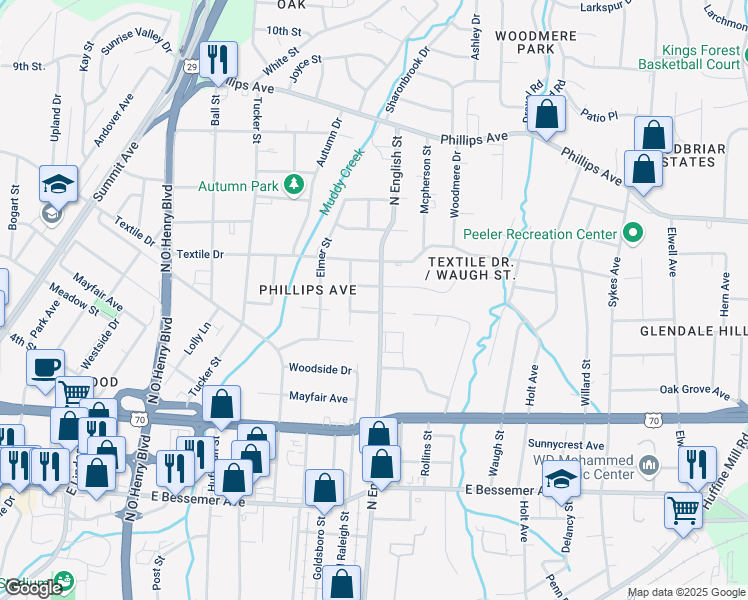 map of restaurants, bars, coffee shops, grocery stores, and more near in Greensboro