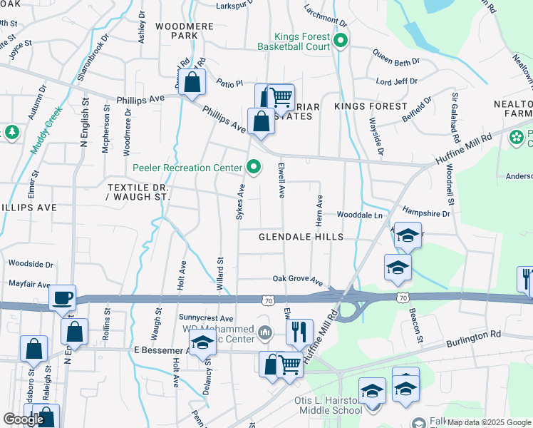 map of restaurants, bars, coffee shops, grocery stores, and more near 1106 Easton Road in Greensboro