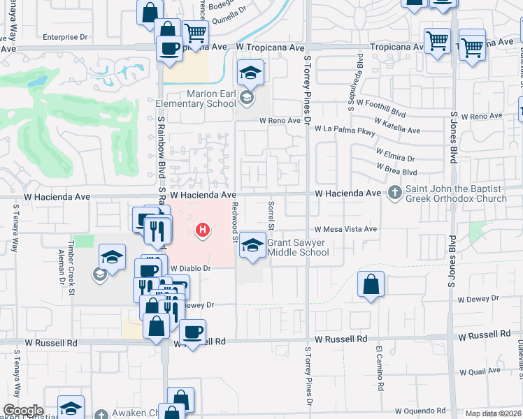 map of restaurants, bars, coffee shops, grocery stores, and more near 6623 Star Glow Court in Las Vegas