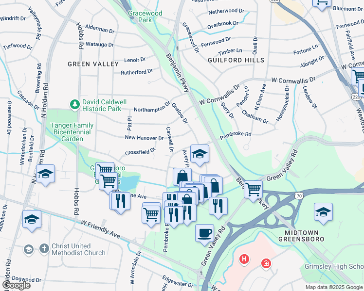 map of restaurants, bars, coffee shops, grocery stores, and more near 913 Pembroke Road in Greensboro