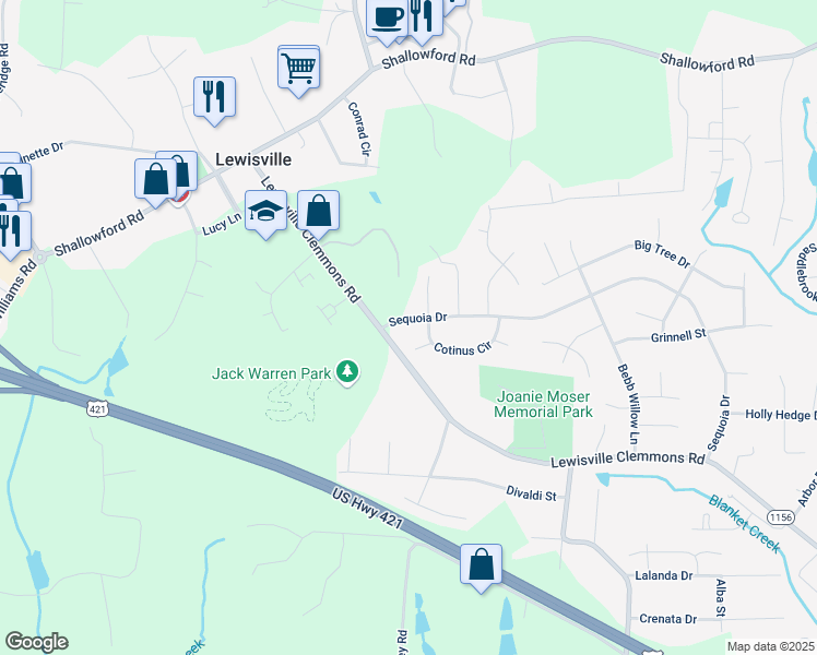 map of restaurants, bars, coffee shops, grocery stores, and more near 1216 Sequoia Drive in Lewisville