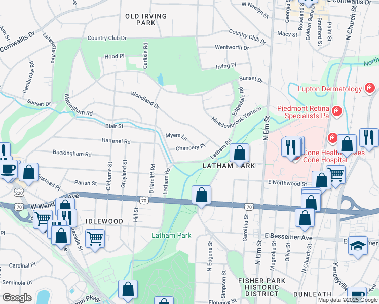 map of restaurants, bars, coffee shops, grocery stores, and more near 1309 Latham Road in Greensboro