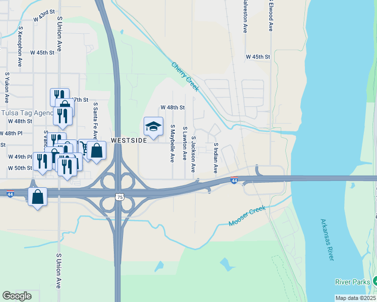 map of restaurants, bars, coffee shops, grocery stores, and more near 745 West 51st Street in Tulsa