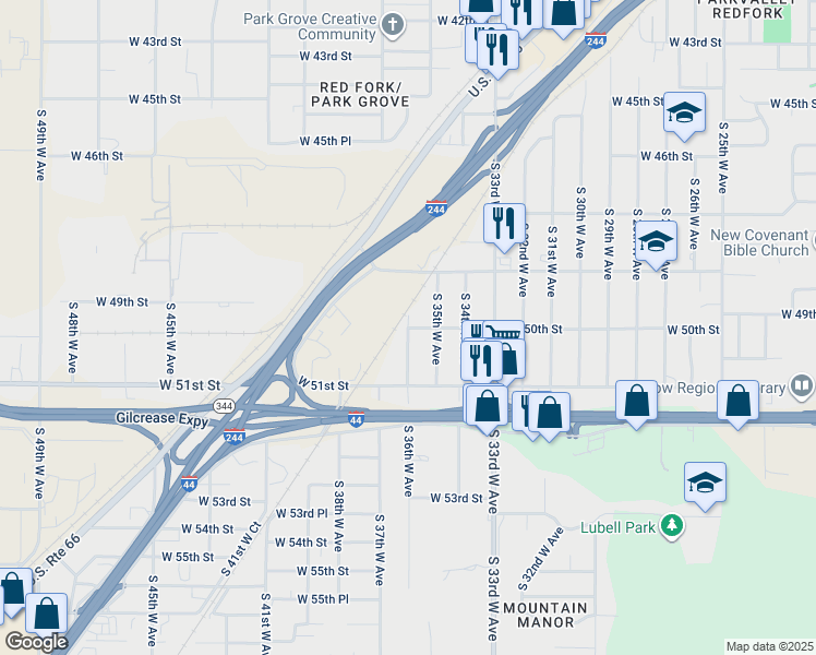 map of restaurants, bars, coffee shops, grocery stores, and more near South 36th West Avenue in Tulsa
