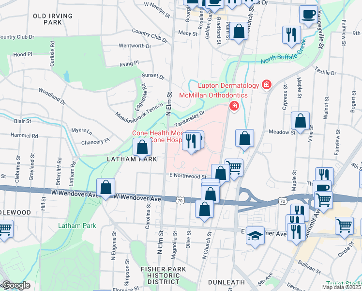 map of restaurants, bars, coffee shops, grocery stores, and more near 1200 North Elm Street in Greensboro