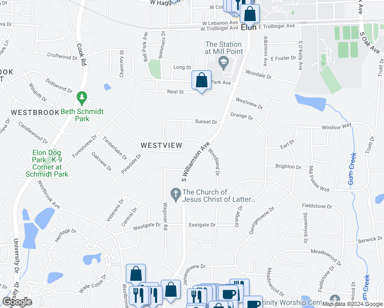 map of restaurants, bars, coffee shops, grocery stores, and more near 612 South Williamson Avenue in Elon