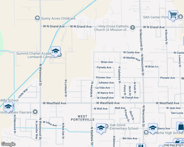map of restaurants, bars, coffee shops, grocery stores, and more near 1437 North Mathew Street in Porterville