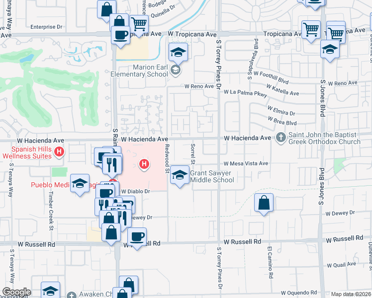 map of restaurants, bars, coffee shops, grocery stores, and more near 5350 Sharon Marie Court in Las Vegas