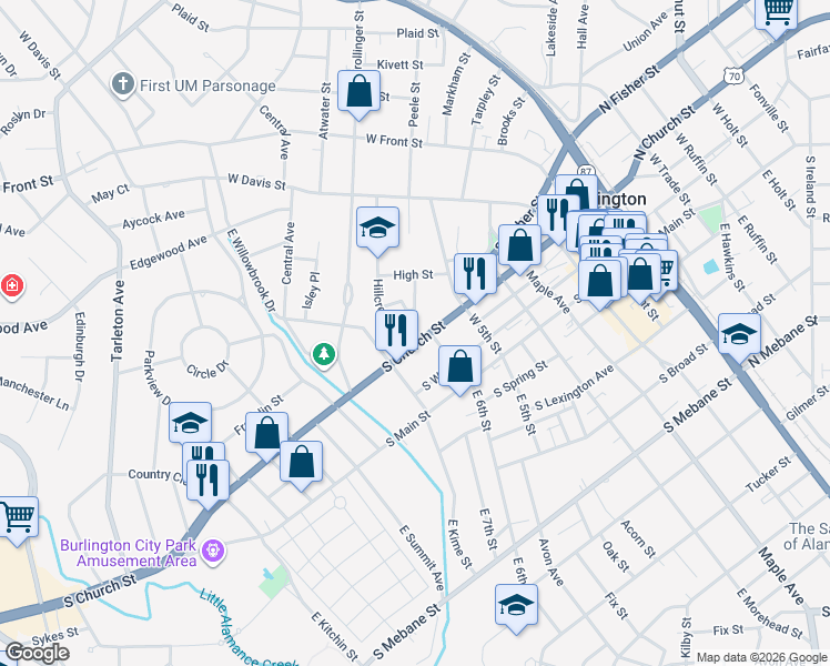 map of restaurants, bars, coffee shops, grocery stores, and more near 909 South Church Street in Burlington