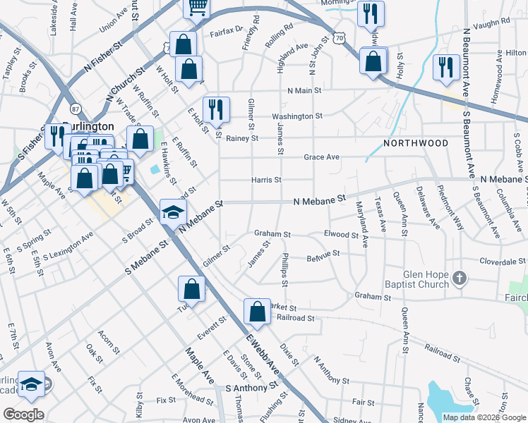 map of restaurants, bars, coffee shops, grocery stores, and more near 809 North Mebane Street in Burlington