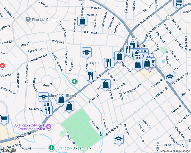 map of restaurants, bars, coffee shops, grocery stores, and more near 909 South Church Street in Burlington