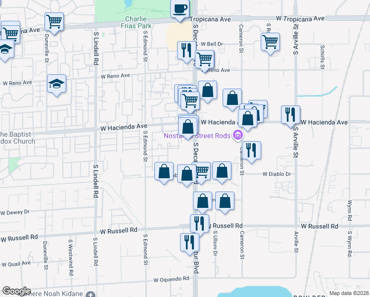 map of restaurants, bars, coffee shops, grocery stores, and more near 5375 South Decatur Boulevard in Las Vegas