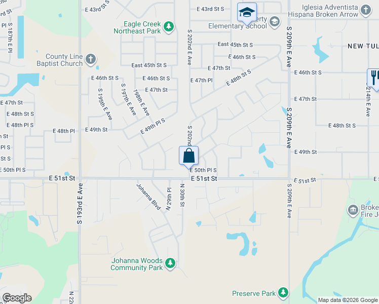 map of restaurants, bars, coffee shops, grocery stores, and more near 5010 South 202nd East Avenue in Broken Arrow