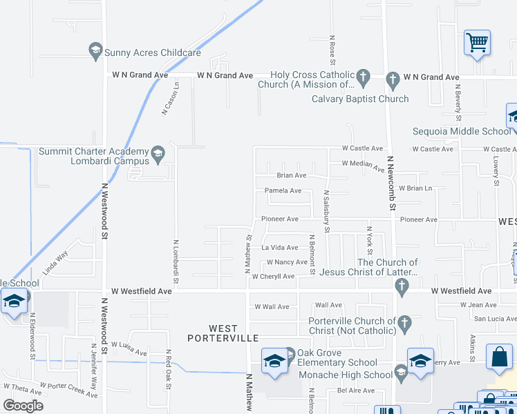 map of restaurants, bars, coffee shops, grocery stores, and more near 1426 North Mathew Street in Porterville