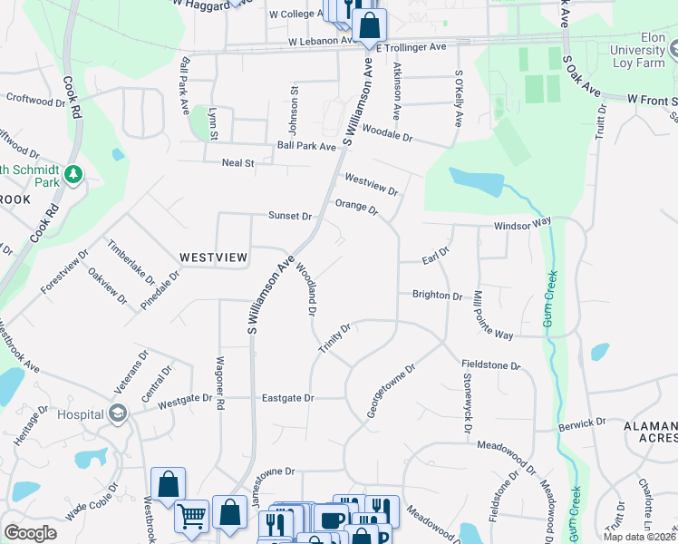 map of restaurants, bars, coffee shops, grocery stores, and more near 113 Whitesell Dr in Elon