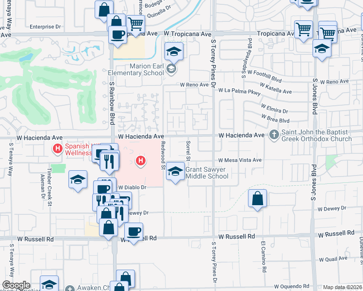 map of restaurants, bars, coffee shops, grocery stores, and more near 5350 Sharon Marie Court in Las Vegas