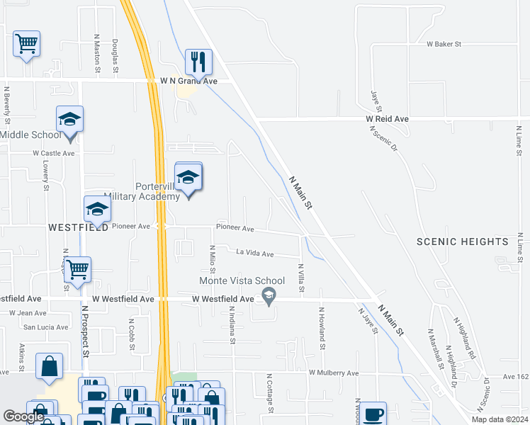 map of restaurants, bars, coffee shops, grocery stores, and more near 1434 Cottage Place in Porterville