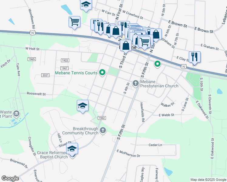 map of restaurants, bars, coffee shops, grocery stores, and more near 1503 Aberdeen Drive in Mebane