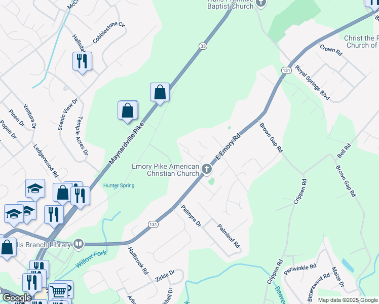 map of restaurants, bars, coffee shops, grocery stores, and more near 7540 Emory Cove Way in Knoxville