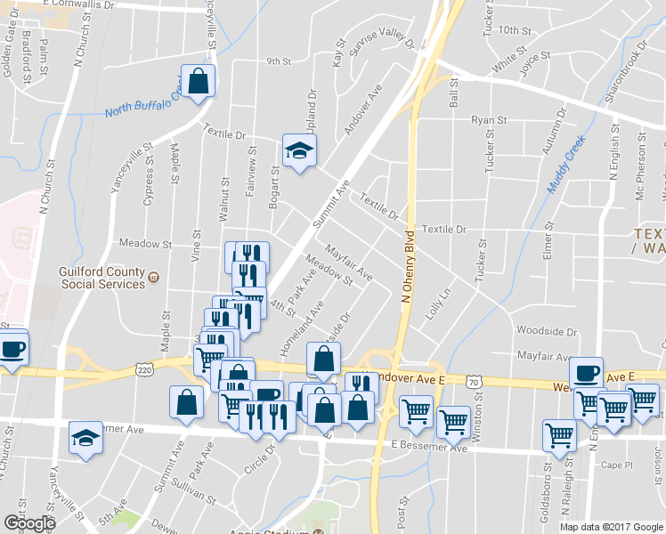 map of restaurants, bars, coffee shops, grocery stores, and more near 1317 Meadow Street in Greensboro