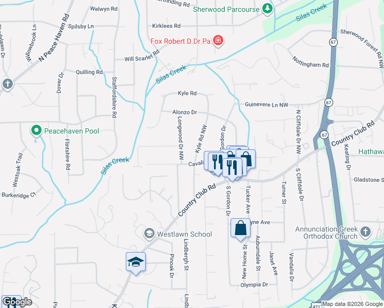 map of restaurants, bars, coffee shops, grocery stores, and more near 204 Kyle Road Northwest in Winston-Salem