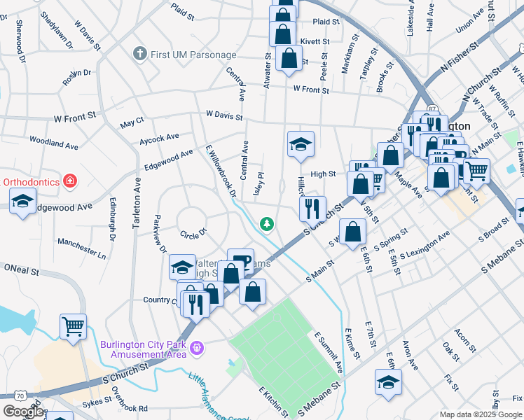 map of restaurants, bars, coffee shops, grocery stores, and more near 419 West Willowbrook Drive in Burlington