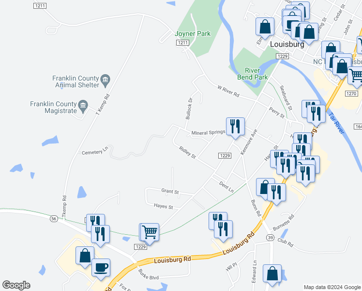 map of restaurants, bars, coffee shops, grocery stores, and more near 418 Ridley Street in Louisburg