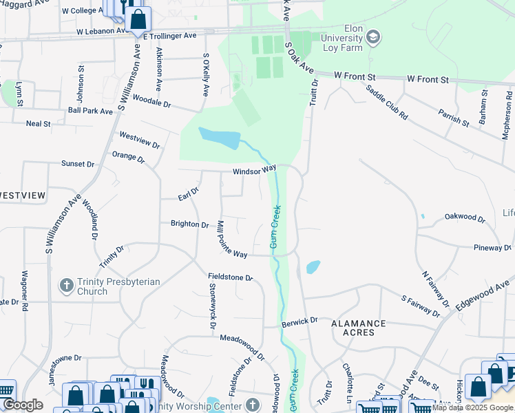 map of restaurants, bars, coffee shops, grocery stores, and more near 5016 Windsor Court in Elon