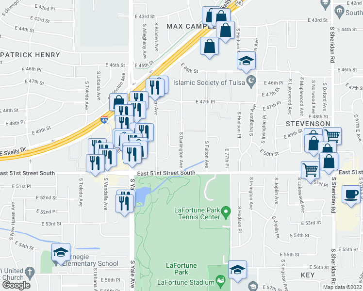 map of restaurants, bars, coffee shops, grocery stores, and more near 4883 South Darlington Avenue in Tulsa