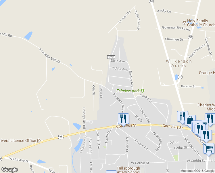 map of restaurants, bars, coffee shops, grocery stores, and more near 415 Faucette Mill Road in Hillsborough