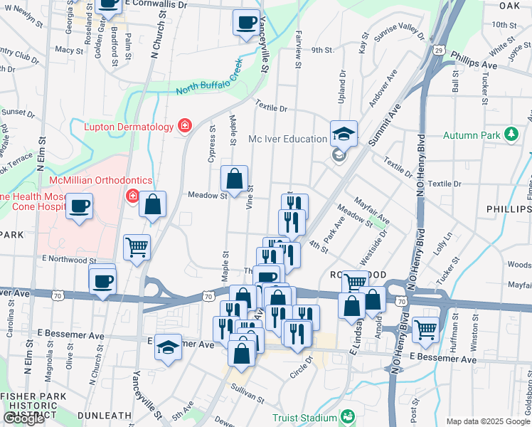 map of restaurants, bars, coffee shops, grocery stores, and more near 1209 Walnut Street in Greensboro