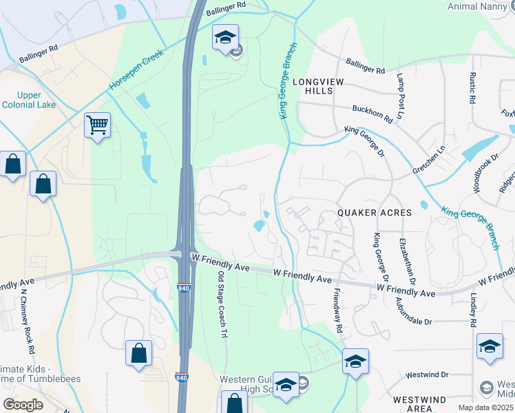 map of restaurants, bars, coffee shops, grocery stores, and more near 807 Carriage Crossing Lane in Greensboro