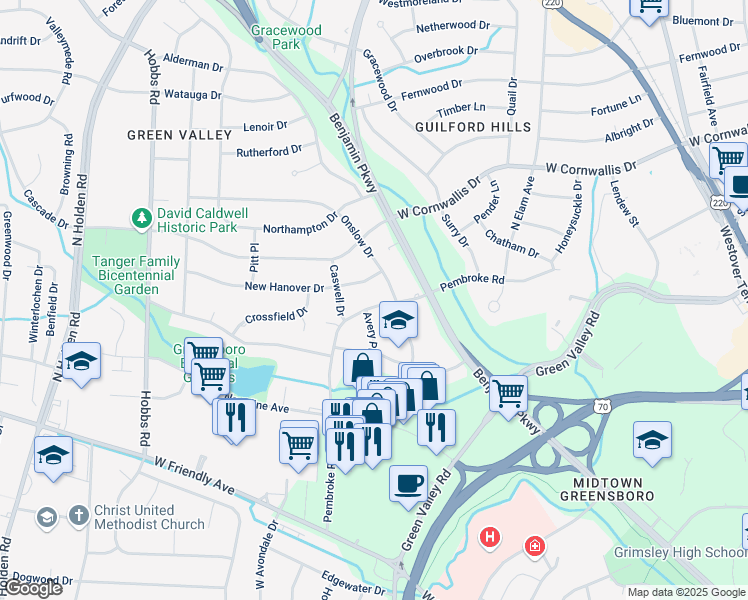 map of restaurants, bars, coffee shops, grocery stores, and more near 917 Pembroke Road in Greensboro