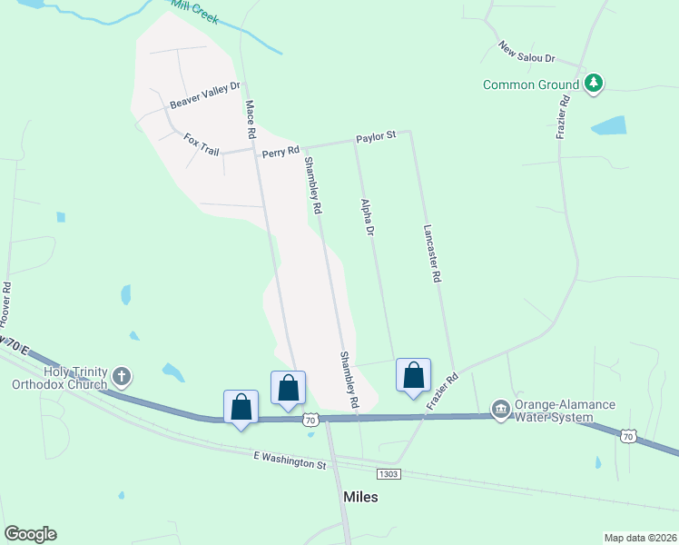 map of restaurants, bars, coffee shops, grocery stores, and more near 405 Shambley Road in Mebane