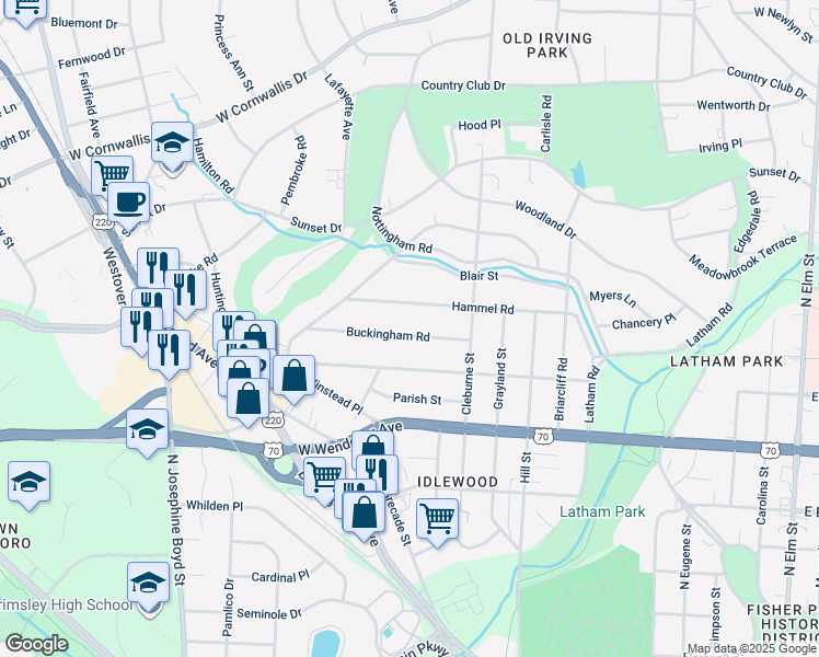 map of restaurants, bars, coffee shops, grocery stores, and more near 1116 Buckingham Road in Greensboro