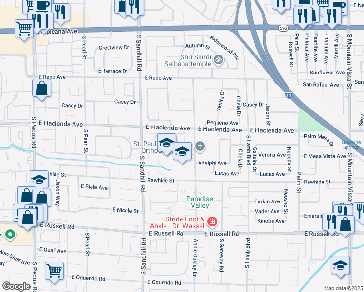 map of restaurants, bars, coffee shops, grocery stores, and more near 5365 Pistolera Circle in Las Vegas