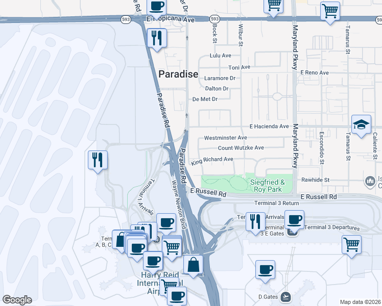 map of restaurants, bars, coffee shops, grocery stores, and more near 5422 South Swenson Street in Las Vegas