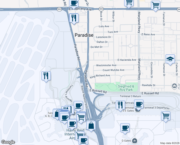 map of restaurants, bars, coffee shops, grocery stores, and more near 5407 South University Center Drive in Las Vegas