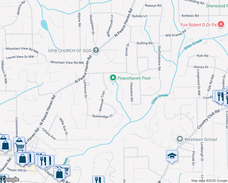 map of restaurants, bars, coffee shops, grocery stores, and more near 600 Brentwood Court in Winston-Salem