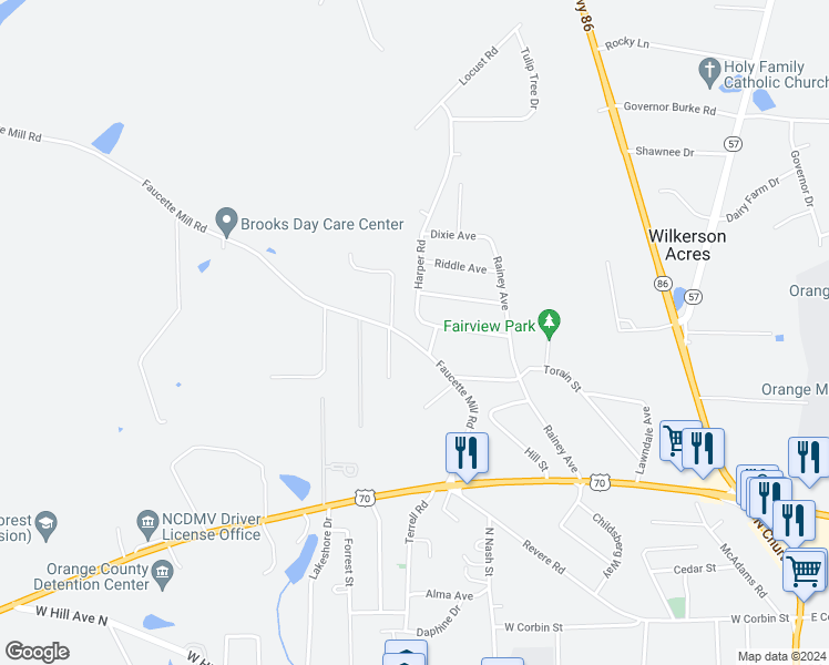 map of restaurants, bars, coffee shops, grocery stores, and more near 415 Faucette Mill Road in Hillsborough
