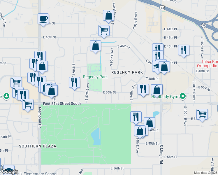 map of restaurants, bars, coffee shops, grocery stores, and more near 8909 East 50th Street in Tulsa