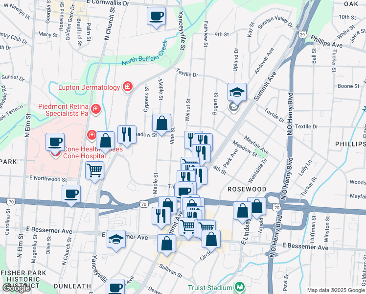 map of restaurants, bars, coffee shops, grocery stores, and more near 1209 Walnut Street in Greensboro