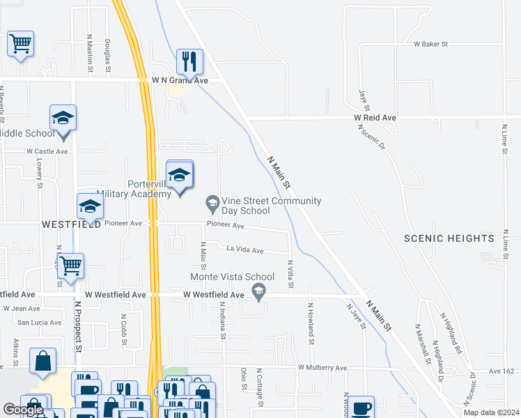 map of restaurants, bars, coffee shops, grocery stores, and more near 1445 Cottage Place in Porterville