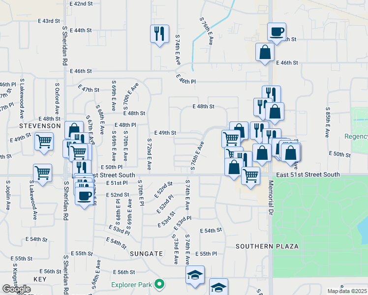 map of restaurants, bars, coffee shops, grocery stores, and more near 7366 East 49th Place in Tulsa