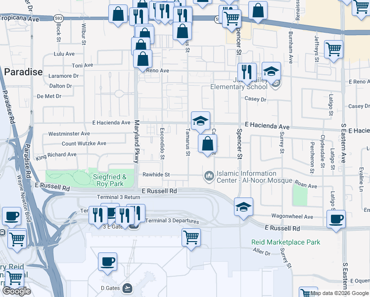 map of restaurants, bars, coffee shops, grocery stores, and more near 5403 Tamarus Street in Las Vegas