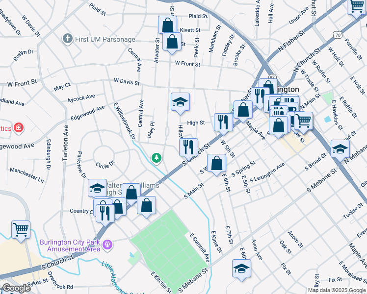 map of restaurants, bars, coffee shops, grocery stores, and more near 324 Hillcrest Avenue in Burlington