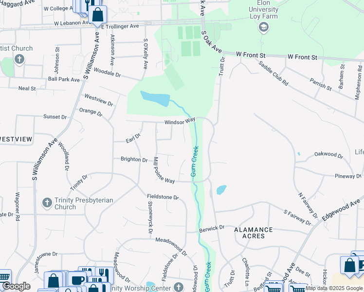 map of restaurants, bars, coffee shops, grocery stores, and more near 5016 Windsor Court in Elon